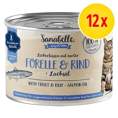 Sanabelle Forelle & Rind + Lachsöl våtfoder för vuxna katter, 12-pack. Text på burken: no added grain, 100 % exquisite zutaten, with trout & beef + salmon oil.