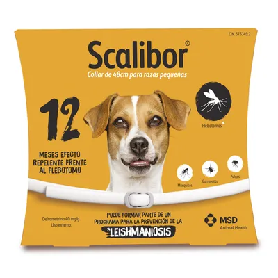 Scalibor collar de 48 cm para razas pequeñas, 12 meses efecto repelente frente al flebotomo, puede formar parte de un programa para la prevención de la leishmaniosis. MSD Animal Health.