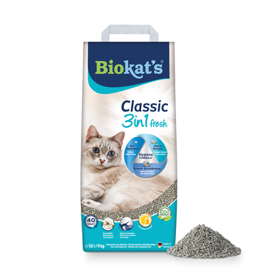 Biokat's Classic 3in1 fresh kissanhiekka, hygieniakaava, nopea hajujen sitominen, kiinteät paakut, 40 päivää, CO2 vähennetty, valmistettu Saksassa, 10L/9 kg