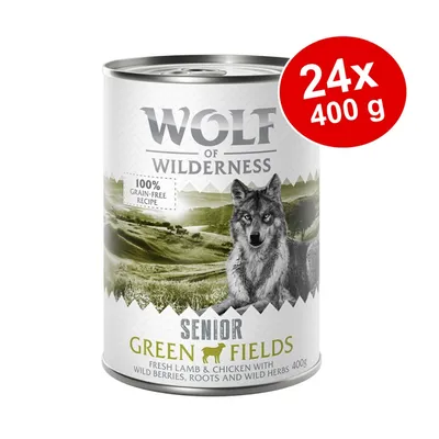 Wolf of Wilderness Senior Green Fields, 24x400g Dosen, frisches Lamm & Huhn mit Wildbeeren, Wurzeln und Wildkräutern, 100% getreidefreie Rezeptur.