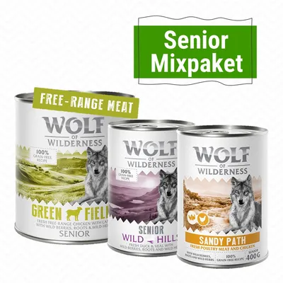 Wolf of Wilderness Senior Mixpaket, tre burkar våtfoder: Green Fields, Wild Hills och Sandy Path. Texter: Free-Range Meat, 100% Grain-Free Recipe, Senior, 400 g.