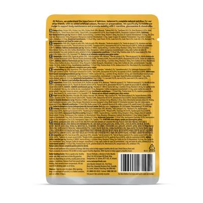 Back of product pouch showing detailed ingredients, nutritional information, feeding guide and storage instructions in multiple languages.