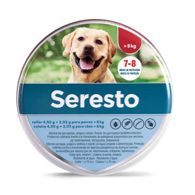 Envase de Seresto collar para perros mayores de 8 kg, protección 7–8 meses. Texto visible: elimina garrapatas, pulgas y piojos. Collar 4,50 g + 2,03 g, resistente al agua, 1 x 70 cm.