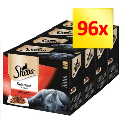 Lot de 96x85 g Sheba Selection in Sauce pour chat, assortiment visible : bœuf, agneau, poulet, dinde. Texte sur l’emballage et visuel d’un chat gris.