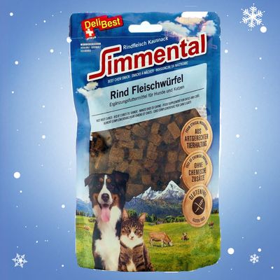 Confezione Simmental Rind Fleischwürfel DeliBest, snack di manzo per cani e gatti. Testo visibile: aus artgerechter Tierhaltung, ohne chemische Zusätze, glutenfrei.