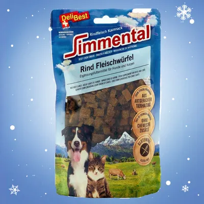 Confezione Simmental Rind Fleischwürfel DeliBest, snack di manzo per cani e gatti. Testo visibile: aus artgerechter Tierhaltung, ohne chemische Zusätze, glutenfrei.