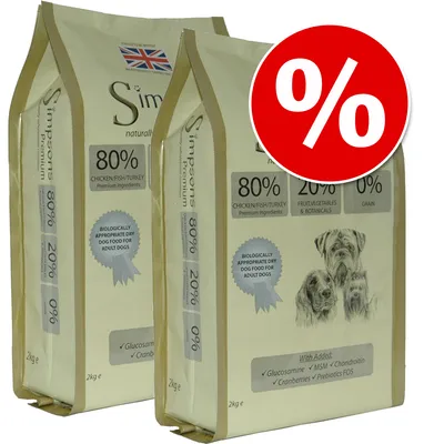 Simpsons Premium tørfoder til hunde, 80% kylling/fisk/kalkun, 20% frugt/grøntsager, 0% korn. Biologisk passende foder med glucosamin, MSM, chondroitin, tranebær og præbiotika.