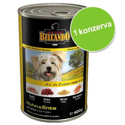 Konzerva Belcando Dog Food Huhn & Ente mit Hirse & Karroten, 400 g. Viditelné suroviny: kuře, kachna, proso, mrkev. Označení '1 konzerva' na zeleném poli.