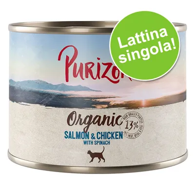 Purizon Organic Salmon & Chicken with Spinach, 13% high quality protein. Lattina singola. Testo in inglese: 'with spinach'. Immagine di una lattina per gatti.