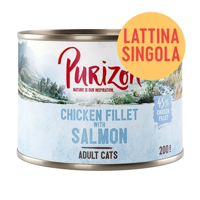 Purizon Chicken Fillet with Salmon per gatti adulti, 45% chicken fillet, lattina singola, 200 g. Testo in inglese sull'etichetta.