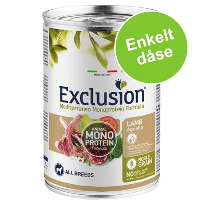 Exclusion Mediterraneo Monoprotein Formula, LAMB Agnello, Animal Mono Protein Formula, All Breeds, Noble Grain, NO corn-wheat-soy added, Enkelt dåse. Made in Italy.
