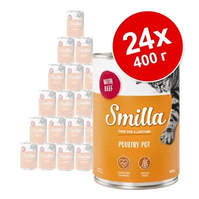 24 банки по 400 г Smilla Poultry Pot with Beef для кошек. На банке: содержит таурин, без зерна, Food for a lifetime. Изображение кота на упаковке.