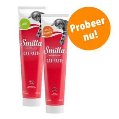 Twee tubes Smilla Cat Paste, varianten Malt en Multi-Vitamin, elk 200 g. Oranje cirkel met tekst: Probeer nu!