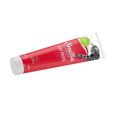 Tuba s nápisem Smilla Cat Paste, MALT, 200 g, obrázek kočky a text Hairball Prevention. Červené balení.