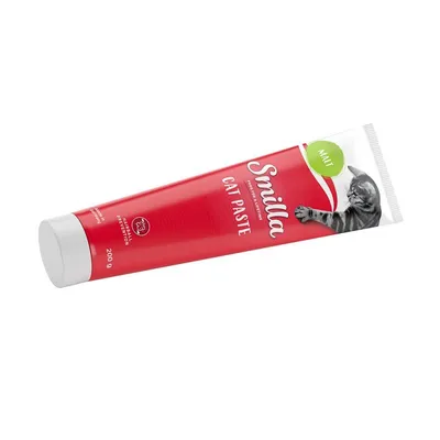 Tuba s nápisem Smilla Cat Paste, MALT, 200 g, obrázek kočky a text Hairball Prevention. Červené balení.