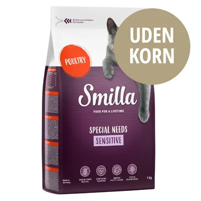 Smilla Special Needs Sensitive kattefoder, POULTRY, UDEN KORN, 1 kg. Tekst: FOOD FOR A LIFETIME, GRAIN-FREE RECIPE, CONTAINS TAURINE, OMEGA FATTY ACIDS, YUCCA SCHIDIGERA.