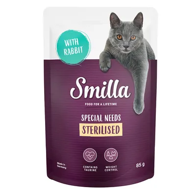 Smilla Special Needs Sterilised, with rabbit, 85 g. Made in Germany. Contient de la taurine, contrôle du poids. Texte en anglais sur l'emballage.