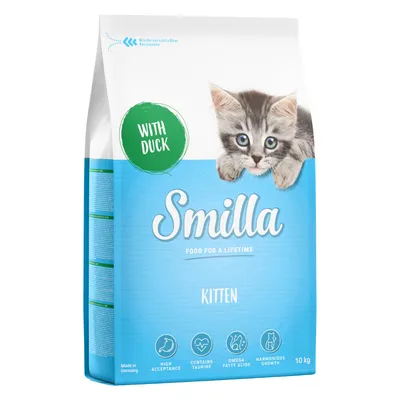 Smilla Kitten száraz eledel kacsával, visszazárható csomagolás, taurinnal és omega-zsírsavakkal, támogatja az egyenletes növekedést. Made in Germany, 10 kg.