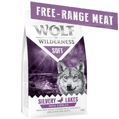 Wolf of Wilderness Soft Silvery Lakes Mini Kibbles, carne free-range, 1 kg. Testo visibile: fresh free-range chicken meat with duck, 100% grain-free recipe.
