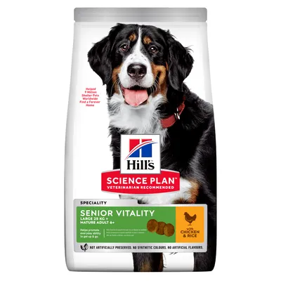 Hill's Science Plan Senior Vitality Large 25kg+ Mature Adult 6+, med kylling og ris. Understøtter mobilitet, ingen kunstige konserveringsmidler eller farvestoffer.