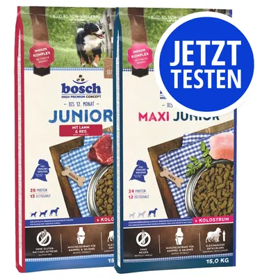 bosch Junior mit Lamm & Reis und Maxi Junior, 15 kg, bis 12. Monat, Immun-Komplex, Kolostrum, ohne Gluten, ohne Weizen, jetzt testen
