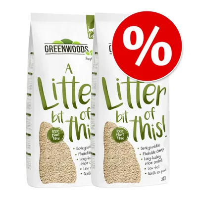 Greenwoods Katzenstreu 'A Litter bit of this!' zo 100% rastlinných vlákien. Biologicky rozložiteľné, splachovateľné hrudky, pohlcuje zápach, málo prachu, jemné k labkám. Viditeľný symbol zľavy.