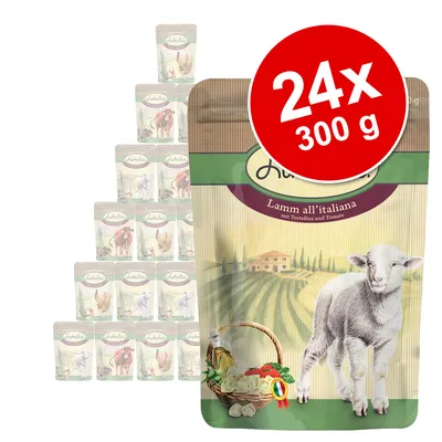 Schulullus Lamm all’italiana, pakiranje 24x300 g. Na slici velika vrećica s ilustracijom janjeta i košarom povrća, vidljiv natpis 'Lamm all’italiana'.