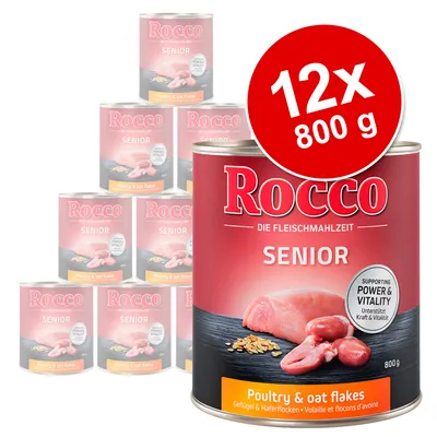 Rocco Senior våtfoder, 12 x 800 g burkar. Synlig text: Poultry & oat flakes, Supporting Power & Vitality. Bild på kött och havreflingor på förpackningen. Rocco Senior våtfoder, 12 x 800 g burkar. Synlig text: Poultry & oat flakes, Supporting Power & Vitality. Bild på kött och havreflingor på förpackningen.