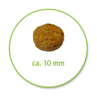 Croqueta redonda de pienso para mascotas con tamaño aproximado de 10 mm, indicado en texto debajo del producto.