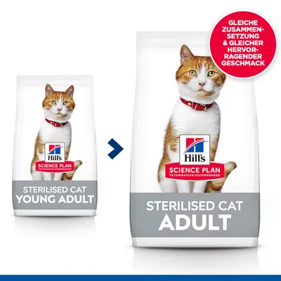 Hill's Science Plan Sterilised Cat Young Adult и Sterilised Cat Adult. Переход на новую упаковку. Красный круг: GLEICHE ZUSAMMENSETZUNG & GLEICHER HERVORRAGENDER GESCHMACK. Hill's Science Plan Sterilised Cat Young Adult и Sterilised Cat Adult. Переход на новую упаковку. Красный круг: GLEICHE ZUSAMMENSETZUNG & GLEICHER HERVORRAGENDER GESCHMACK.