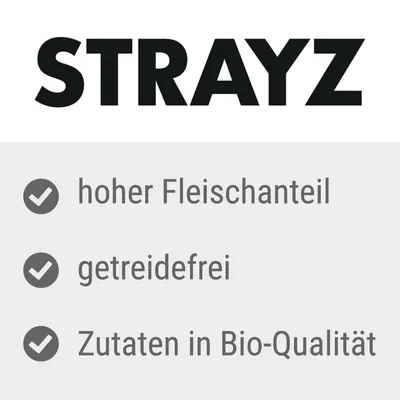 Strayz. Visoka vsebnost mesa, brez žitaric, sestavine ekološke kakovosti.