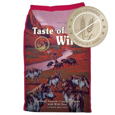 Sac de croquettes Taste of the Wild Southwest Canyon Canine Formula with Wild Boar, mention visible « sans céréales » sur un badge rond.