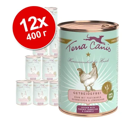 Набор из 12 банок по 400 г Terra Canis. На упаковке: Getreidefrei, Huhn mit Pastinaken, Brombeeren & Löwenzahn, 100% Natur, Chicken with Parsnip, Dandelion & Camomile. Набор из 12 банок по 400 г Terra Canis. На упаковке: Getreidefrei, Huhn mit Pastinaken, Brombeeren & Löwenzahn, 100% Natur, Chicken with Parsnip, Dandelion & Camomile.