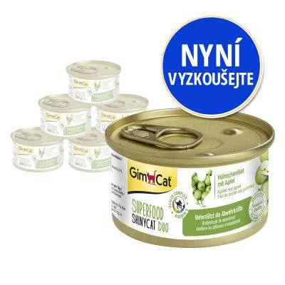 Konzerva GimCat Superfood ShinyCat Duo, viditelné texty: Hühnerfilet mit Apfel, Nyní vyzkoušejte. Zobrazeno více balení konzerv pro kočky.