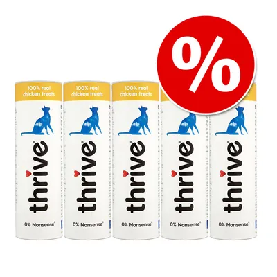 thrive 100% real chicken treats, 0% Nonsense, five tubes with blue cat graphic and red percentage discount symbol
