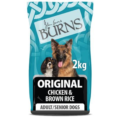 2kg bag labelled Original Chicken & Brown Rice for adult and senior dogs.