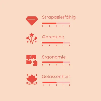 Bewertungsskala mit vier Kriterien: Strapazierfähig, Anregung, Ergonomie und Gelassenheit. Skala von 1-5 für jedes Kriterium sichtbar.