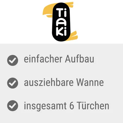 Tiaki. Eigenschaften: einfacher Aufbau, ausziehbare Wanne, insgesamt 6 Türchen.