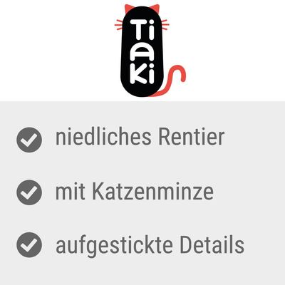Tiaki. niedliches Rentier, mit Katzenminze, aufgestickte Details (texte en allemand).