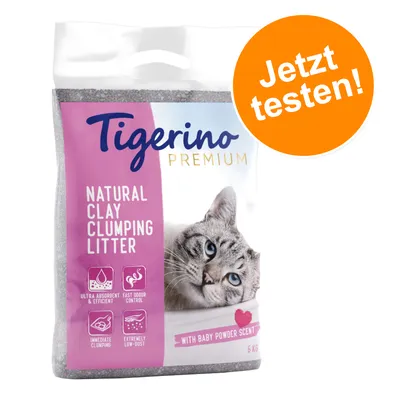 Tigerino Premium Natural Clay Clumping Litter, ultra absorbent, schnelle Geruchskontrolle, sofort klumpend, extrem staubarm, mit Babypuderduft, 6 kg. Jetzt testen!