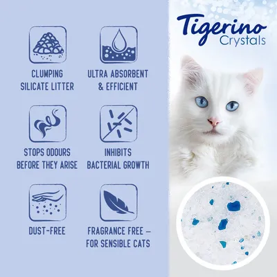 Tigerino Crystals. Clumping silicate litter, ultra absorbent & efficient, stops odours before they arise, inhibits bacterial growth, dust-free, fragrance free – for sensible cats.