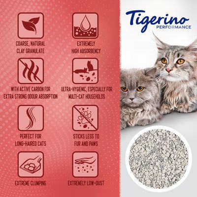 Tigerino Performance kattenbakvulling. Engelstalige kenmerken: coarse, natural clay granulate, extremely high absorbency, with active carbon for extra strong odour absorption, ultra-hygienic, especially for multi-cat households, perfect for long-haired cats, sticks less to fur and paws, extreme clumping, extremely low-dust.