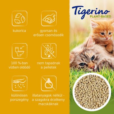 Tigerino Plant-Based macskaalom: kukorica, gyorsan csomósodik, 100%-ban vízben oldódó, nem tapadnak a pelletek, porszegény, illatanyagok nélkül. Kép cicákról és alomról.