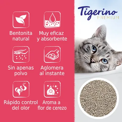Tigerino Premium. Bentonita natural, muy eficaz y absorbente, sin apenas polvo, aglomera al instante, rápido control del olor, aroma a flor de cerezo. Imagen de arena y gato.