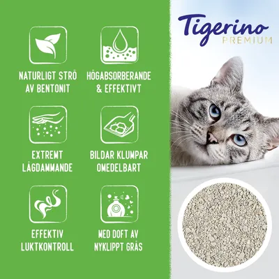 Tigerino Premium. Naturligt strö av bentonit, högabsorberande & effektivt, extremt lågdammande, bildar klumpar omedelbart, effektiv luktkontroll, med doft av nyklippt gräs.