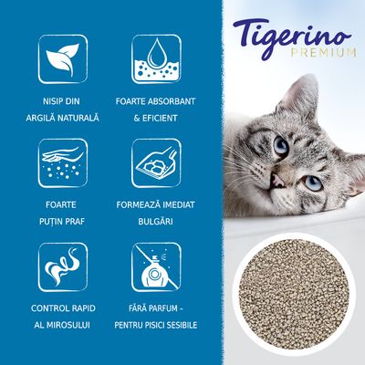 Tigerino Premium. Nisip din argilă naturală, foarte absorbant și eficient, foarte puțin praf, formează imediat bulgări, control rapid al mirosului, fără parfum – pentru pisici sensibile.