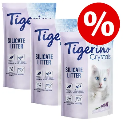 Lot de litières Tigerino Crystals Silicate Litter, texte visible : light & economical, stops odours, inhibits bacterial growth, dust-free, offre promotionnelle indiquée par un symbole % Lot de litières Tigerino Crystals Silicate Litter, texte visible : light & economical, stops odours, inhibits bacterial growth, dust-free, offre promotionnelle indiquée par un symbole %