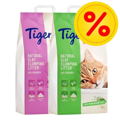 Dwa worki Tigerino Natural Clay Clumping Litter Eco-Friendly, widoczne napisy: fast clumping, odour control, high absorption, extra-fine grain, jeden worek 14 l, znak procentowy promocji.