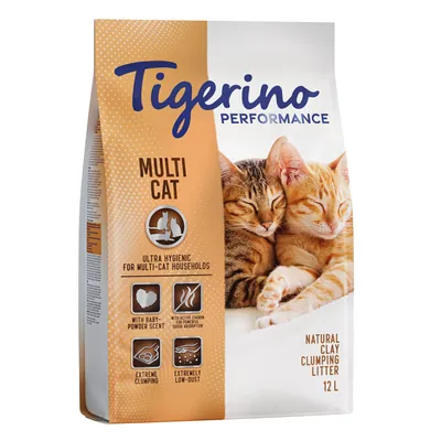 Συσκευασία Tigerino Performance Multi Cat, φυσική άμμος γάτας 12L. Ορατά: με άρωμα πούδρας μωρού, ενεργό άνθρακα, ισχυρή συσσωμάτωση, χαμηλή σκόνη. Κείμενο στα αγγλικά.
