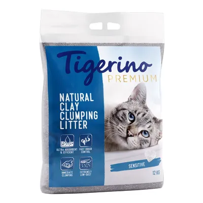 Tigerino Premium Natural Clay Clumping Litter Sensitive, 12 kg. Ultra absorbent & efficient, fast odour control, immediate clumping, extremely low-dust. Zdjęcie opakowania z kotem.